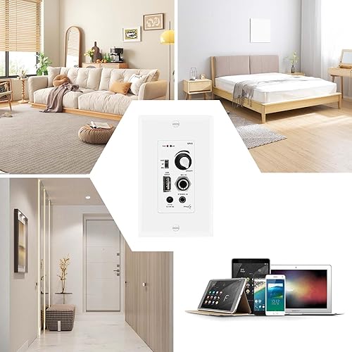 Miniatura 6 de Amplificador de pared compatible con Bluetooth 4 canales, control de volumen, placa de pared con entradas USBMICAUX (0.138 in) Bloque de terminales