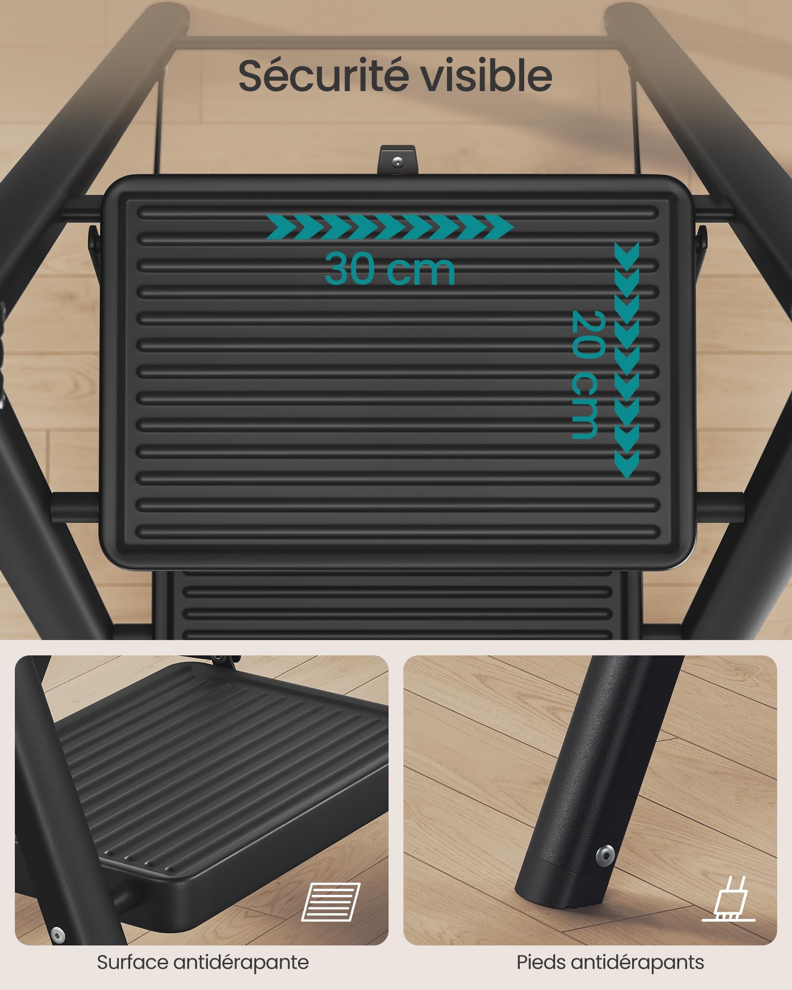 SONGMICS Escabeau Pliable, Marchepied 3 Marches, Supporte 150 kg, Échelle en Acier, Facile à Ranger, pour Maison, Bureau, Noir, 73,5 x 43,4 x 85,5 cm GSL103BZ01