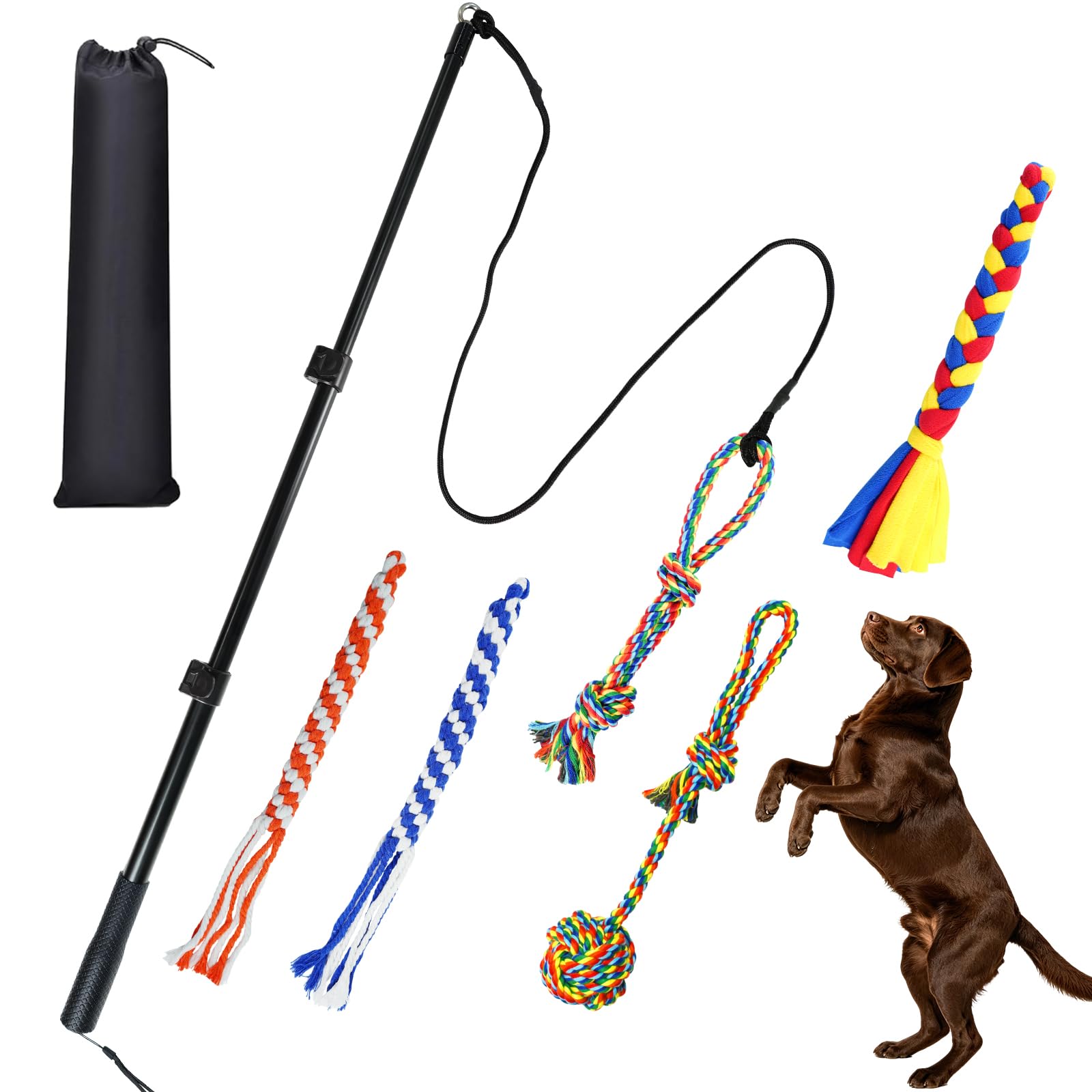 ASOCEA Flirt Pole for Dogs, Extendable Heavy Duty Teaser Wand with 5 Ropes