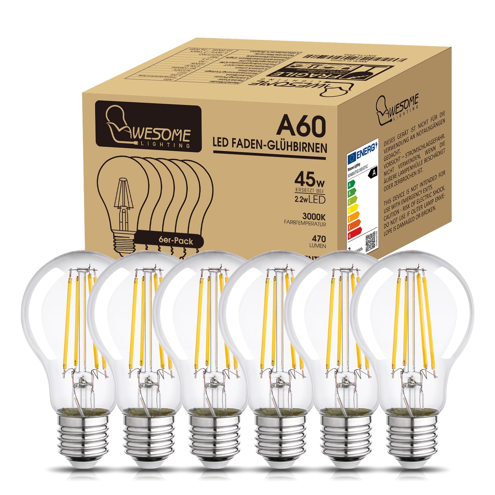 Wesome Lighting E27 LED Energieklasse A Glühbirne, 2.2W 470LM 3000K Warmweiß Leuchtmittel, A60 Filament Edison Retro Glühlampe, Ultraeffiezent Nicht Dimmbar, 6 Stück