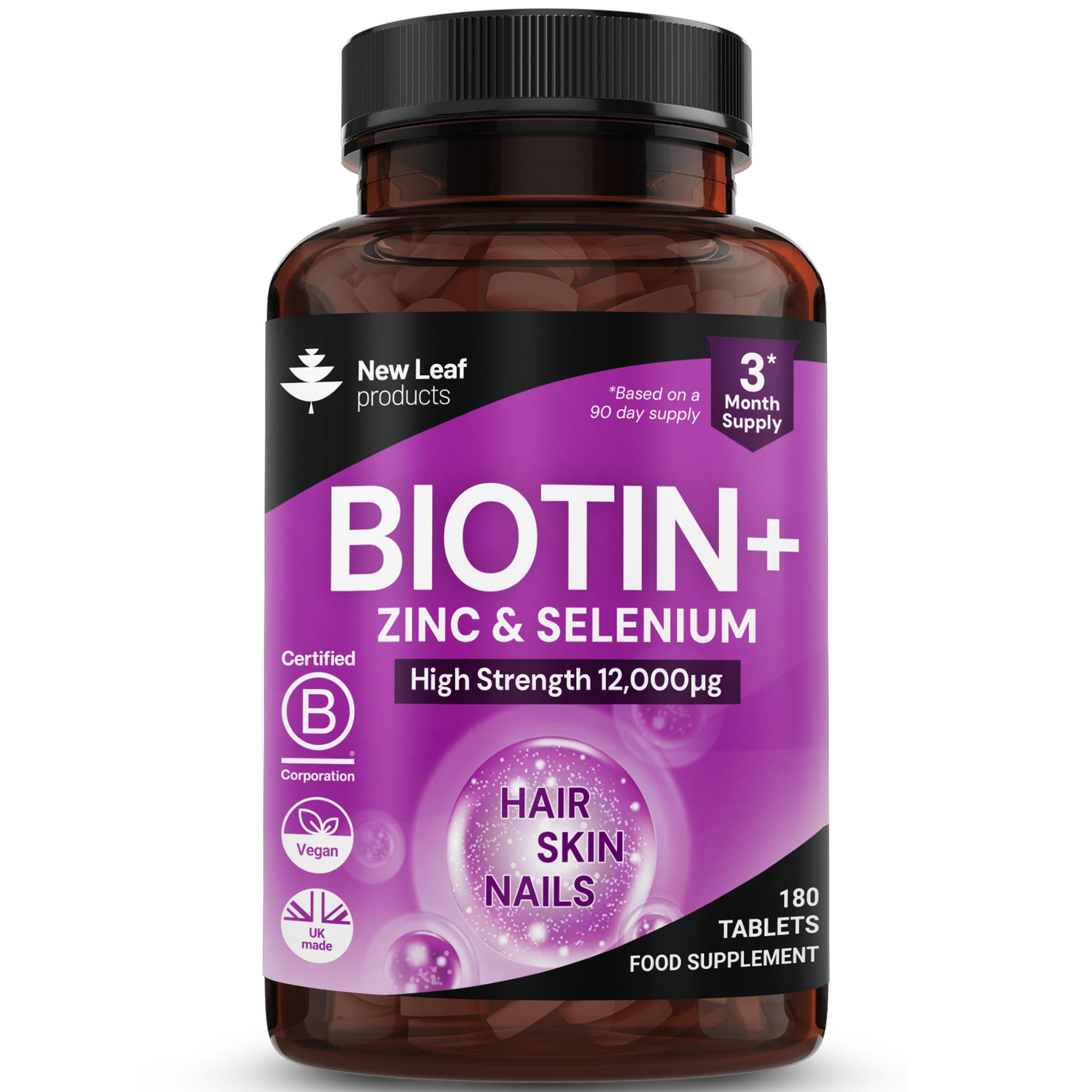 Biotin Hair Growth Vitamins 12,000mcg D-Biotin Tablets Enriched with Zinc & Selenium –Vegan Beauty Hair Skin & Nails Vitamins for Women and Men High Strength - 3 Months Supply UK Made - New Leaf