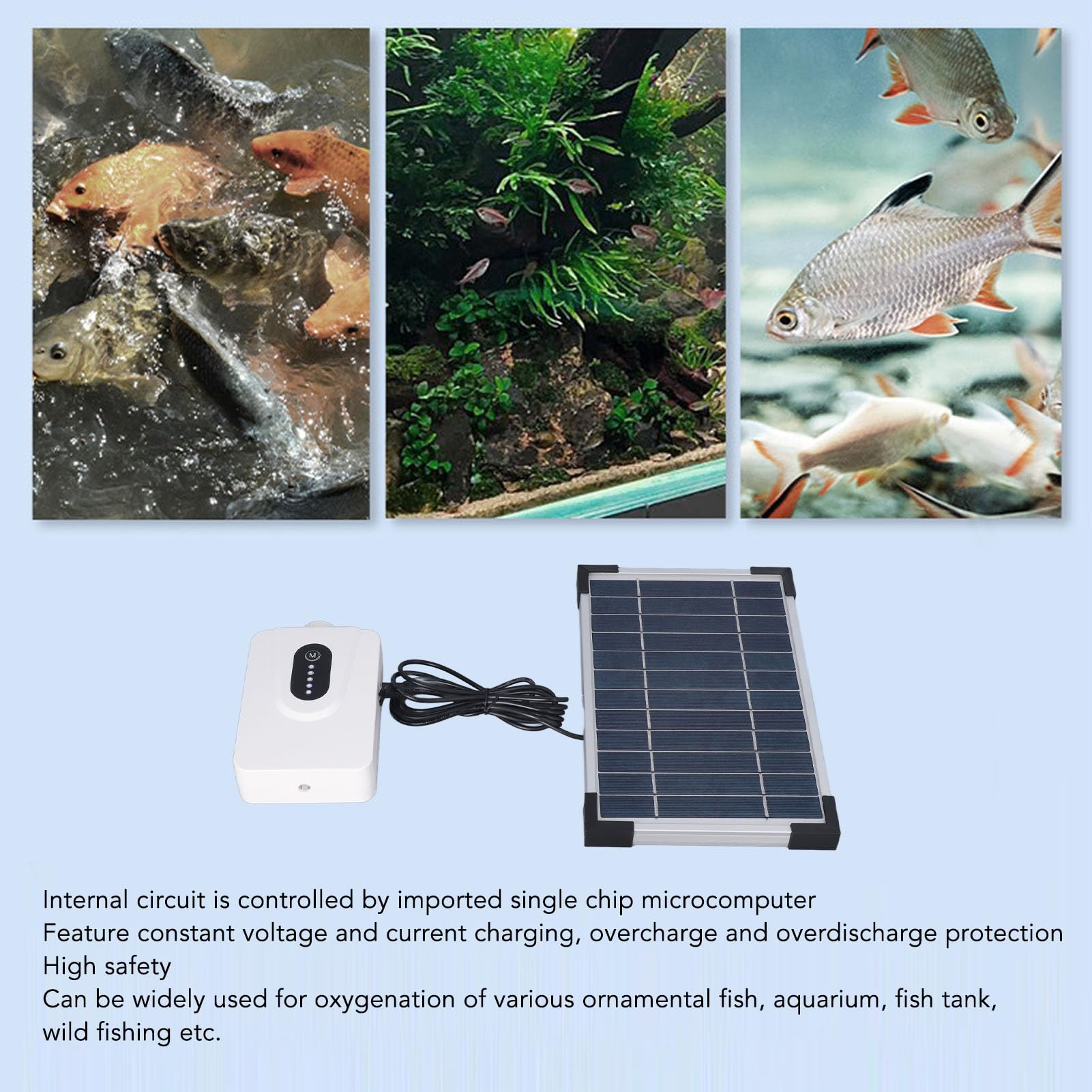 Bomba de aire solar para acuario, aireador de oxígeno ajustable, bajo nivel de ruido con panel solar batería recargable para peceras, pesca al aire libre
