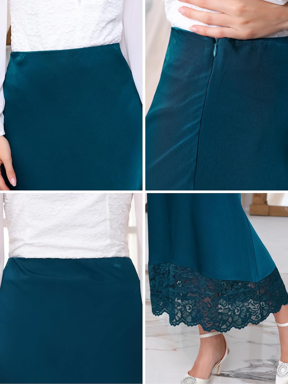 Women's Satin Skirt Formal Lace Trim High Waist Cocktail Evening Bodycon Long Maxi Skirts - Image 5