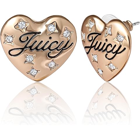 Juicy Couture Logo Heart Stud Earrings for Women with Stone Embellishments, Rhodium or Gold-Tone Heart Earrings, Juicy Gifts