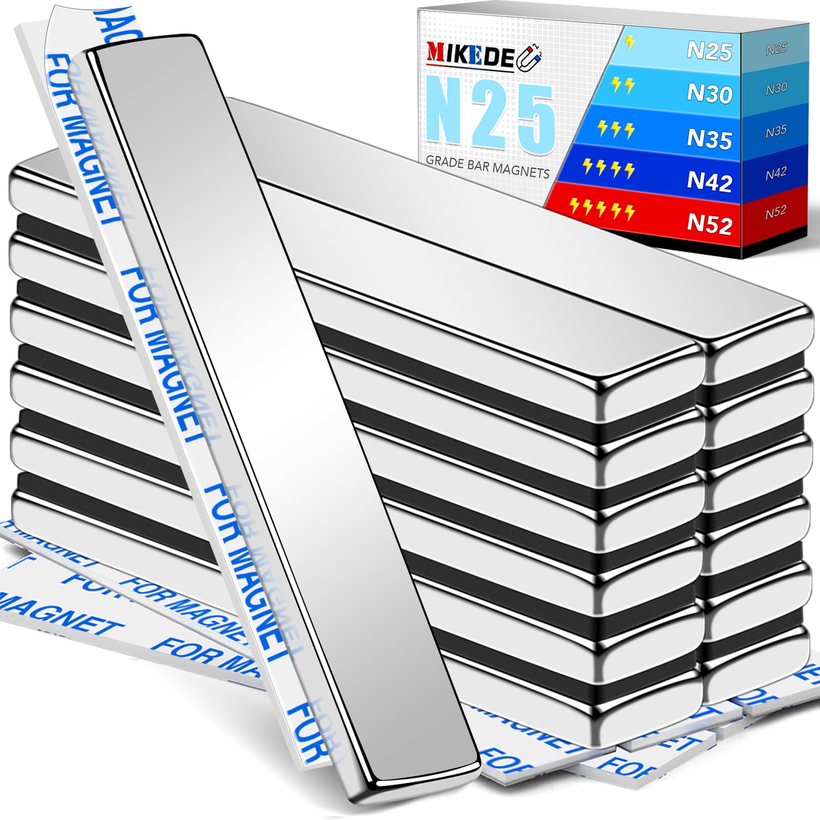 MIKEDE Neodymium 12 Pack Strong Magnets Heavy Duty Bar Magnets,with Double-Sided Adhesive, Powerful Small Rare Earth for Fridge, Garage, Kitchen - 2.36 x 0.39 x 0.12in(N25)