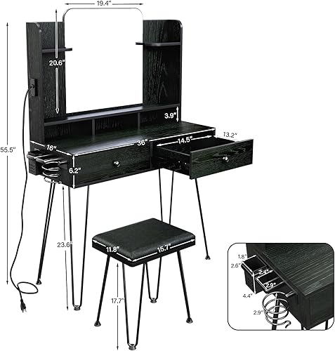 Miniatura 6 de TC-HOMENY Tocador de maquillaje con estación de carga, escritorio de tocador con 2 cajones y espejo, estantes de almacenamiento de escritorio negros