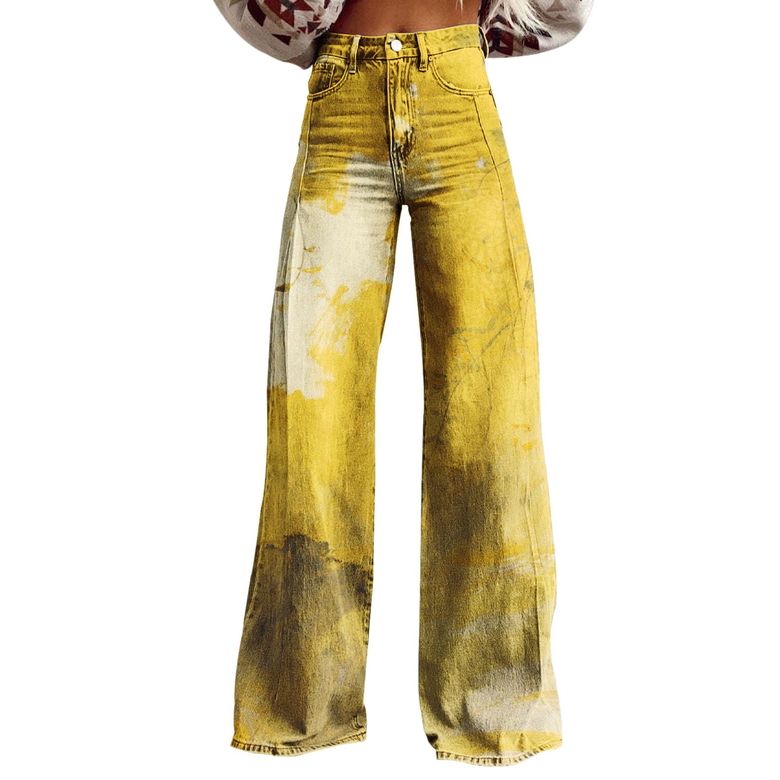 Pantalon évasé pour femme - Taille haute - Extra long - Jambes larges - Dégradé de couleurs - Pantalon en denim des années 70 - Élégant rétro - Avec poches et boutons