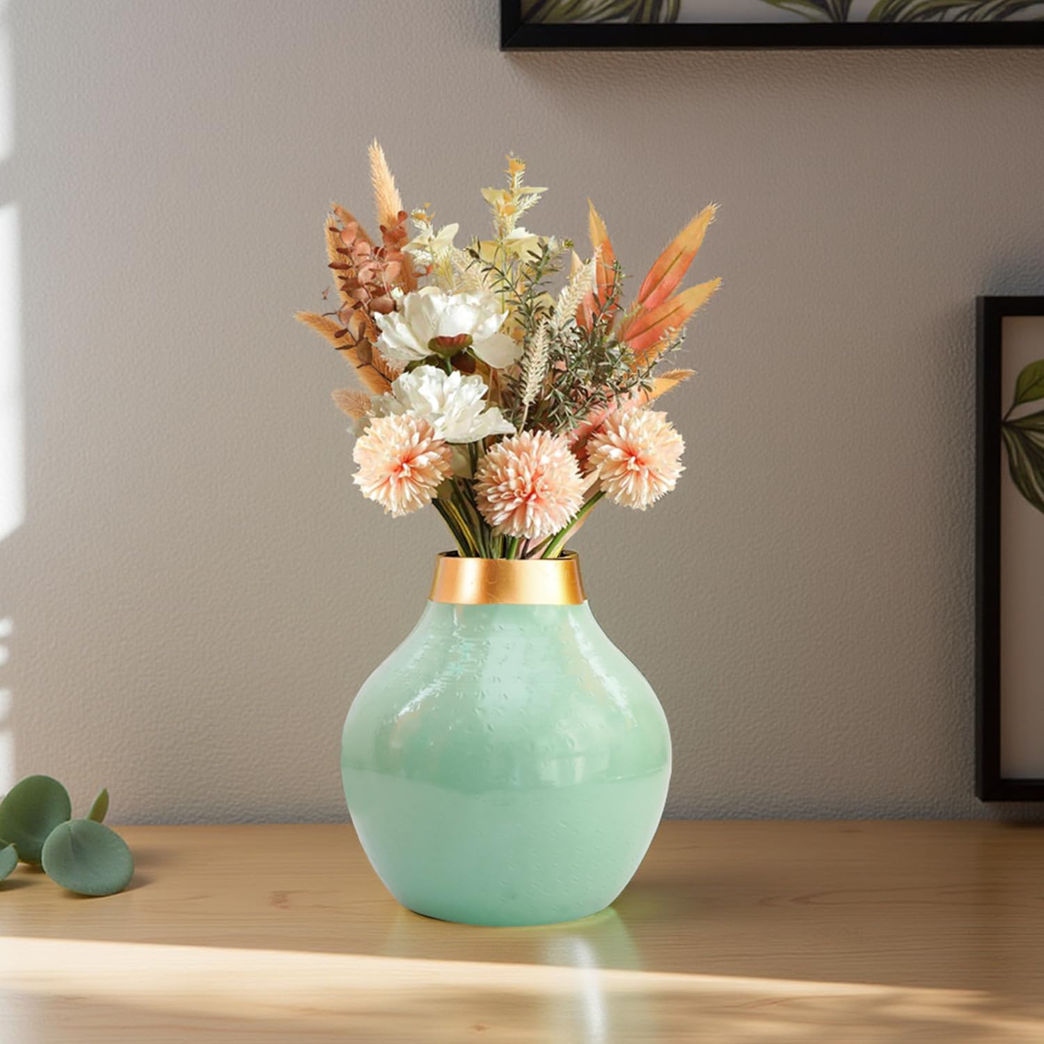 Nostrae by Ekhasa Unbreakable Metallic Aqua Green Flower Vase for Home Decor | Aesthetic Vase Gift for Wedding, Housewarming, Parties | Decorative Metal Vase for Living Room, Dining Table, Office