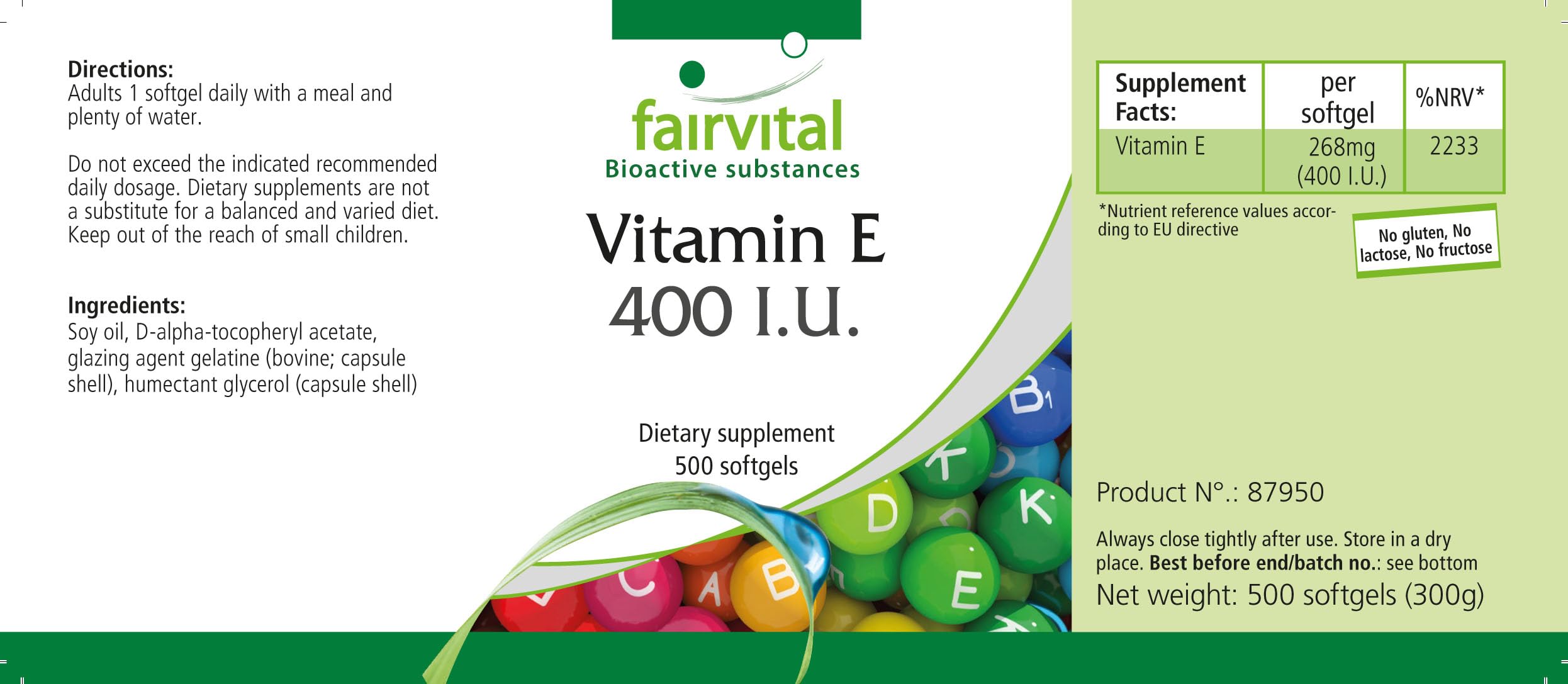 fairvital Vitamin E Kapseln 400 I.E., 500 Softgels, schluckfreundlich, HOCHDOSIERT, für die ganze Familie