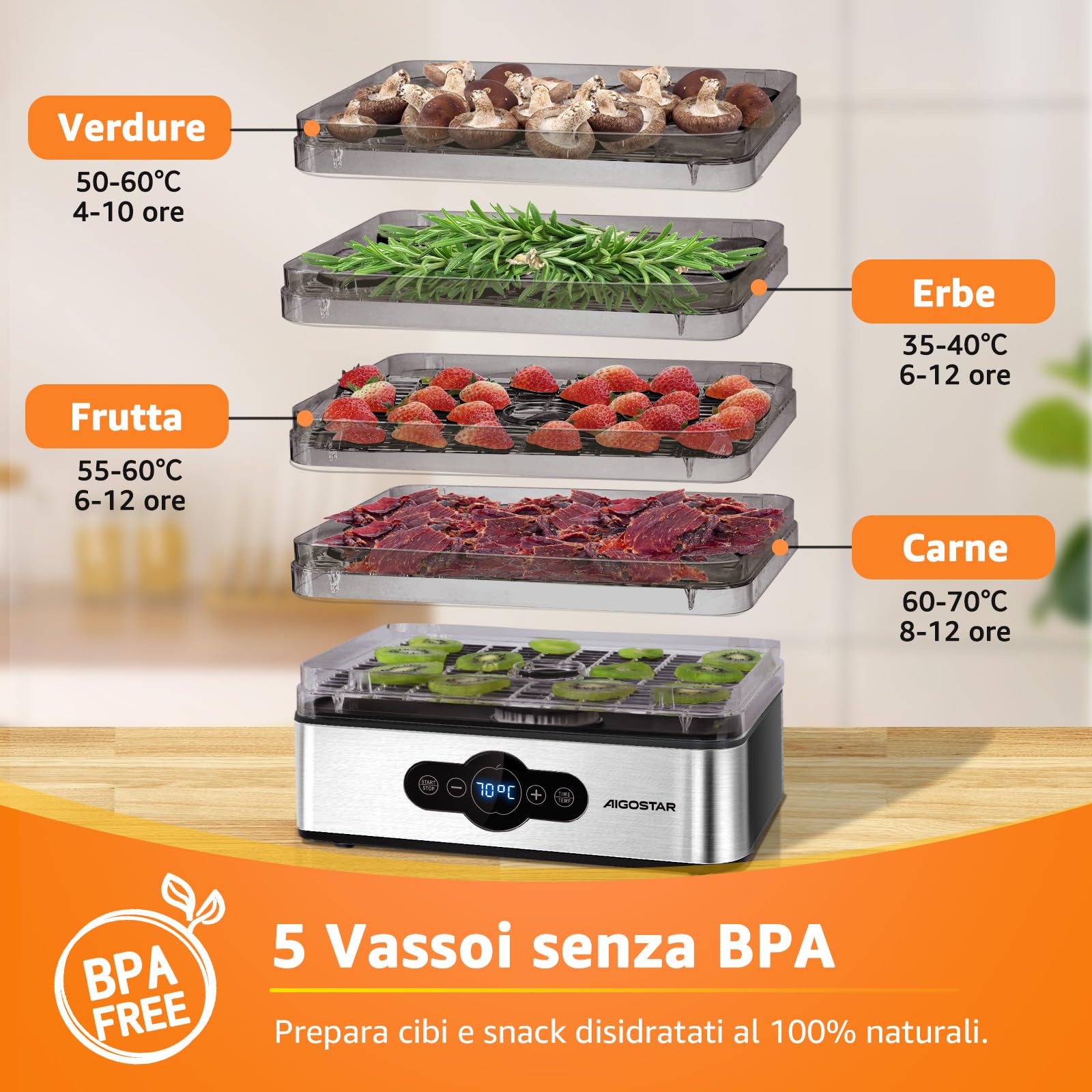 Aigostar Crispy - Essiccatore alimentare, 240W, 5 vassoi, essiccatura automatica, ottimo per frutta, carne, verdura ecc. controlli digitali, impostazione manuale di tempo e temperatura. Senza BPA.
