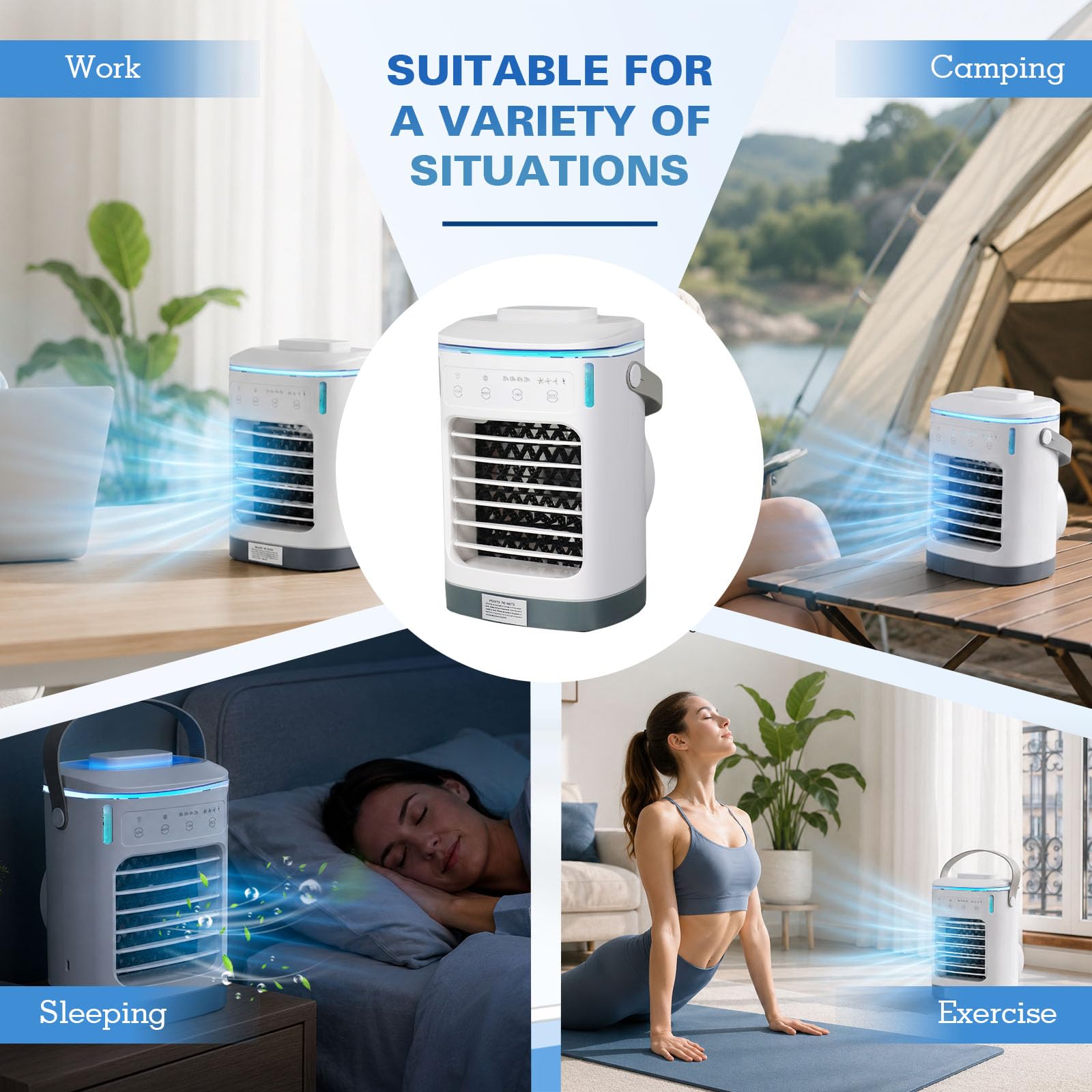 Mini Aire Acondicionado Portátil 4 En 1, Enfriador De Aire Con Depósito De Agua De 700 Ml, Aire Acondicionado Sin Tubo Con 2 Acumuladores De Frío, 4 Velocidades, Temporizador 2-8 H, Luz LED, Pulveriza