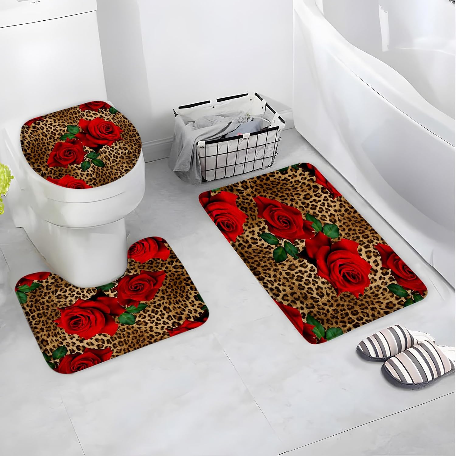 4pcs Leopard Rose Shower Curtain Set Red Flower Mixed Wild Animal Skin Pattern Romantic Cheetah Safari Valentine's Day for Bathroom Decor Bathtub with Hooks(70" WX70 H)