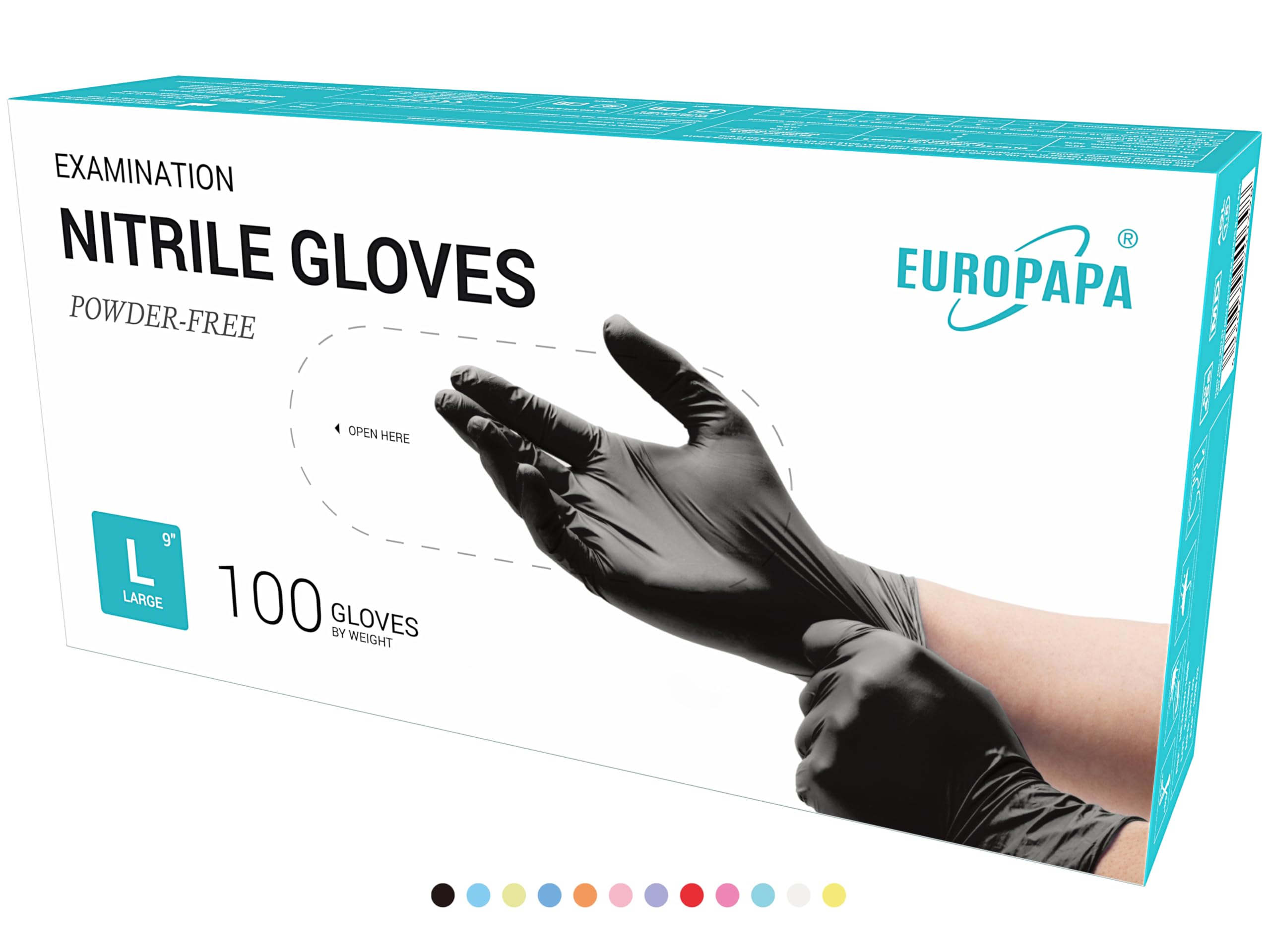 EUROPAPA® 100x Nitrilhandschuhe Box Einweghandschuhe, Einmalhandschuhe, Untersuchungshandschuhe, Nitril Handschuhe, puderfrei, ohne Latex, unsteril, latexfrei, disposible gloves (L, Schwarz)