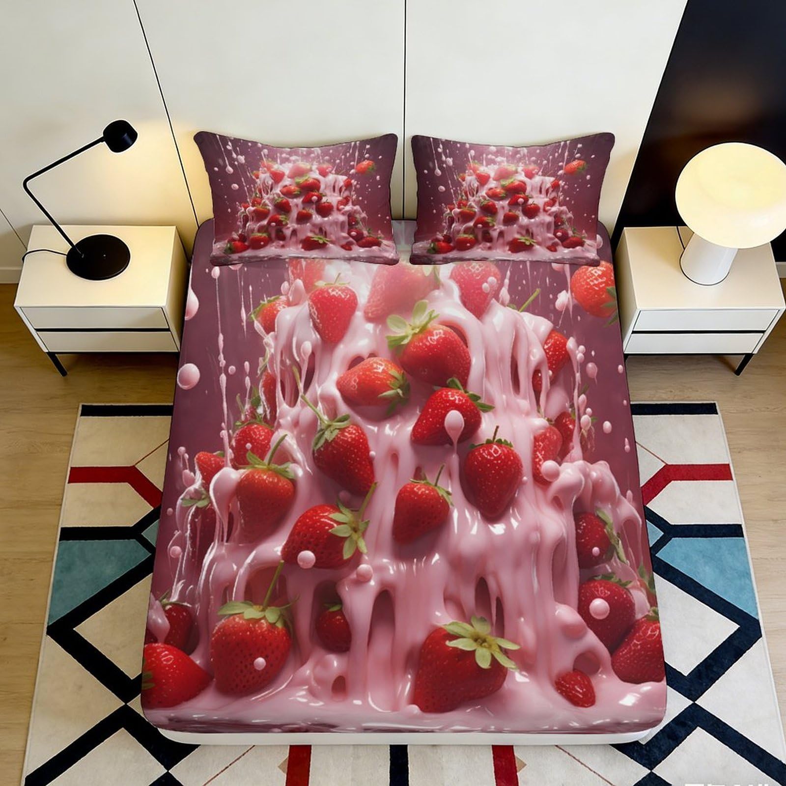 3D Printed Strawberry Splash Fitted Sheet Microfiber Anti-Slip Bed Sheet Pink Artistic Mattress Cover for Bedroom Decor 90x200x25cm