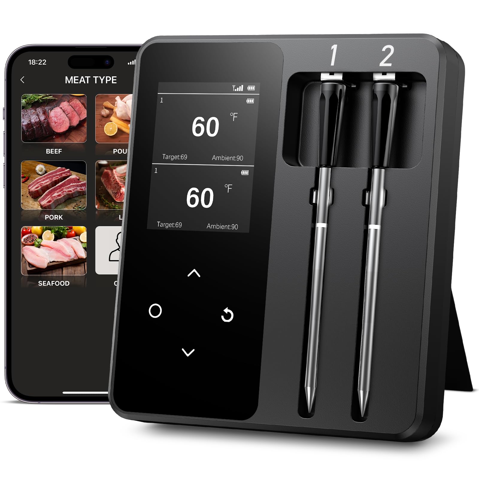 Thermomètre Cuisine Sans Fil avec 2 Sondes, Grand Écran LCD, 130m Meat Thermometer Bluetooth avec Smart APP, Sonde Temperature Connectée pour Barbecue, Four, Grill, Fumoir, Rôtisserie, Airfryer