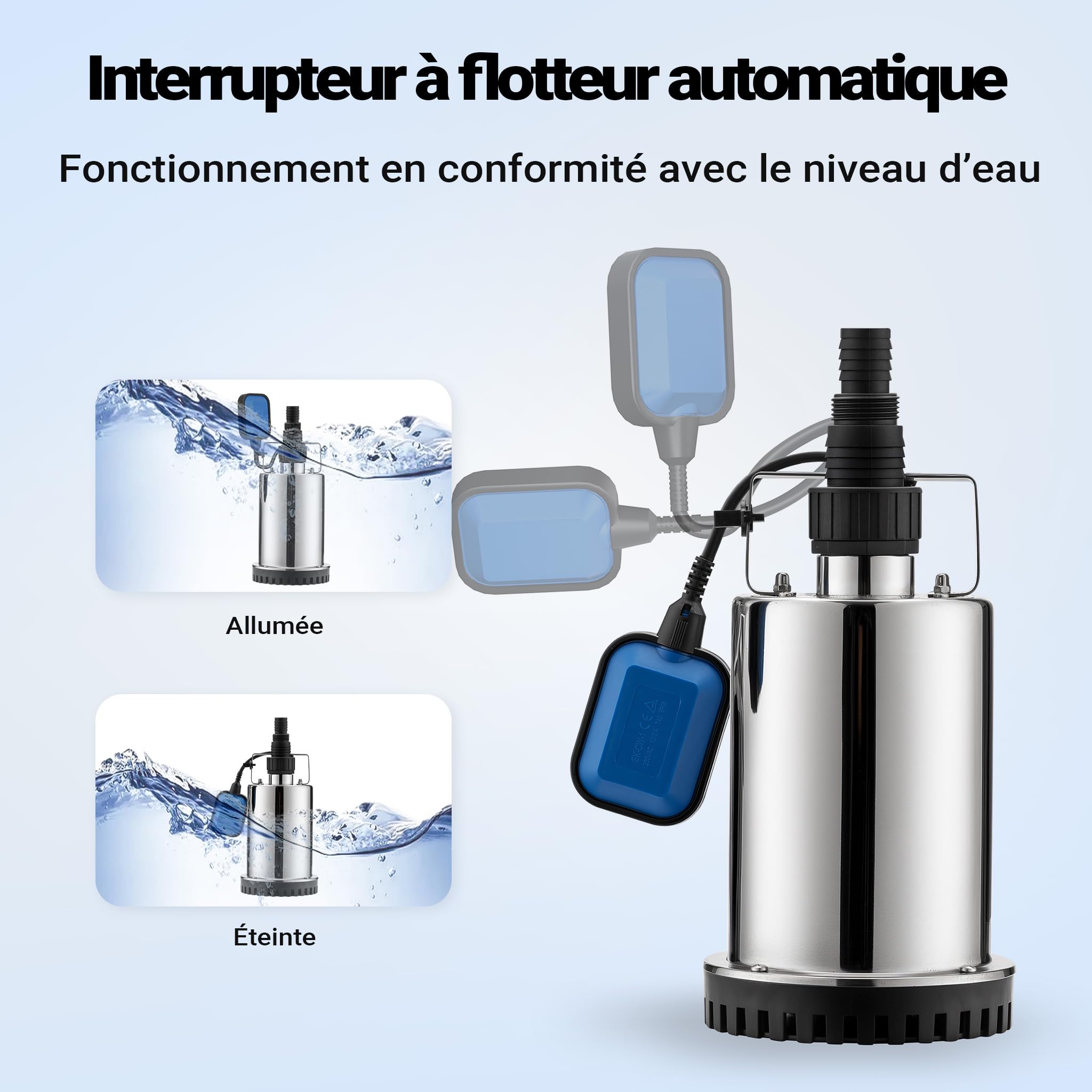Wiltec Pompe électrique pour eaux sales – Submersible – 400 W / 7500 l/h – Refoulement max. 6,5 m – avec Flotteur – Pompe-cave pour Arrosage Irrigation Jardinage Évacuation Drainage