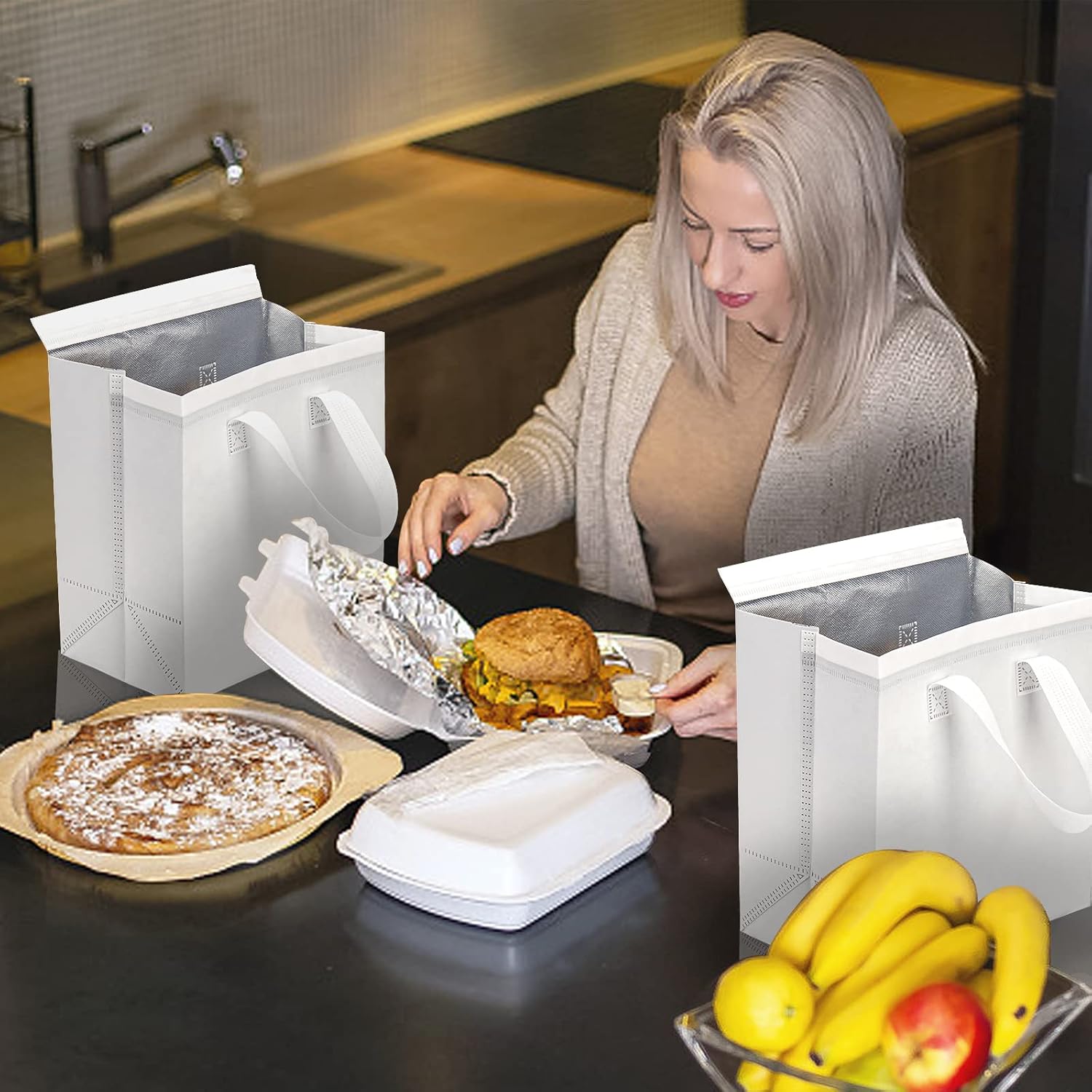 ZENFUN Set of 25 Insulated Take Away Bags, Small Insulated Cooler Bag Grocery Bags, White Thermal Bags for Hot&cold Frozen Food, Food Delivery, 9.5 x 6 x 10 Inches