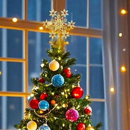 Miniatura 6 de DUSVALLY Gold Snowflake Christmas Tree Topper, Red Glitter Metal Star Treetop Xmas Decor with Easy Spiral Base-13 in