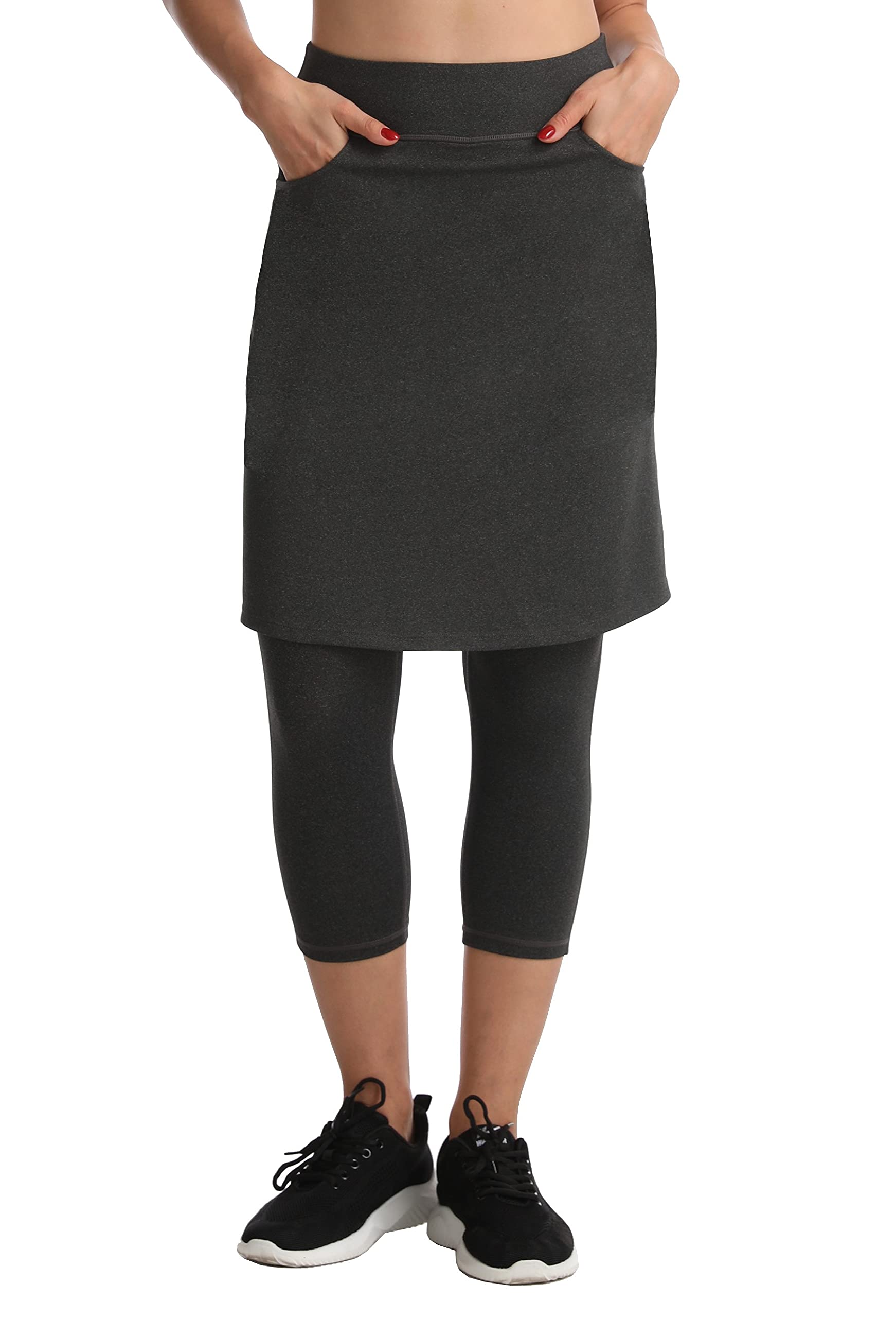 HOKOYI Modest Skirt with Leggings Attached for Women Workout Knee Length Swim Capri Pants with 2 Pockets