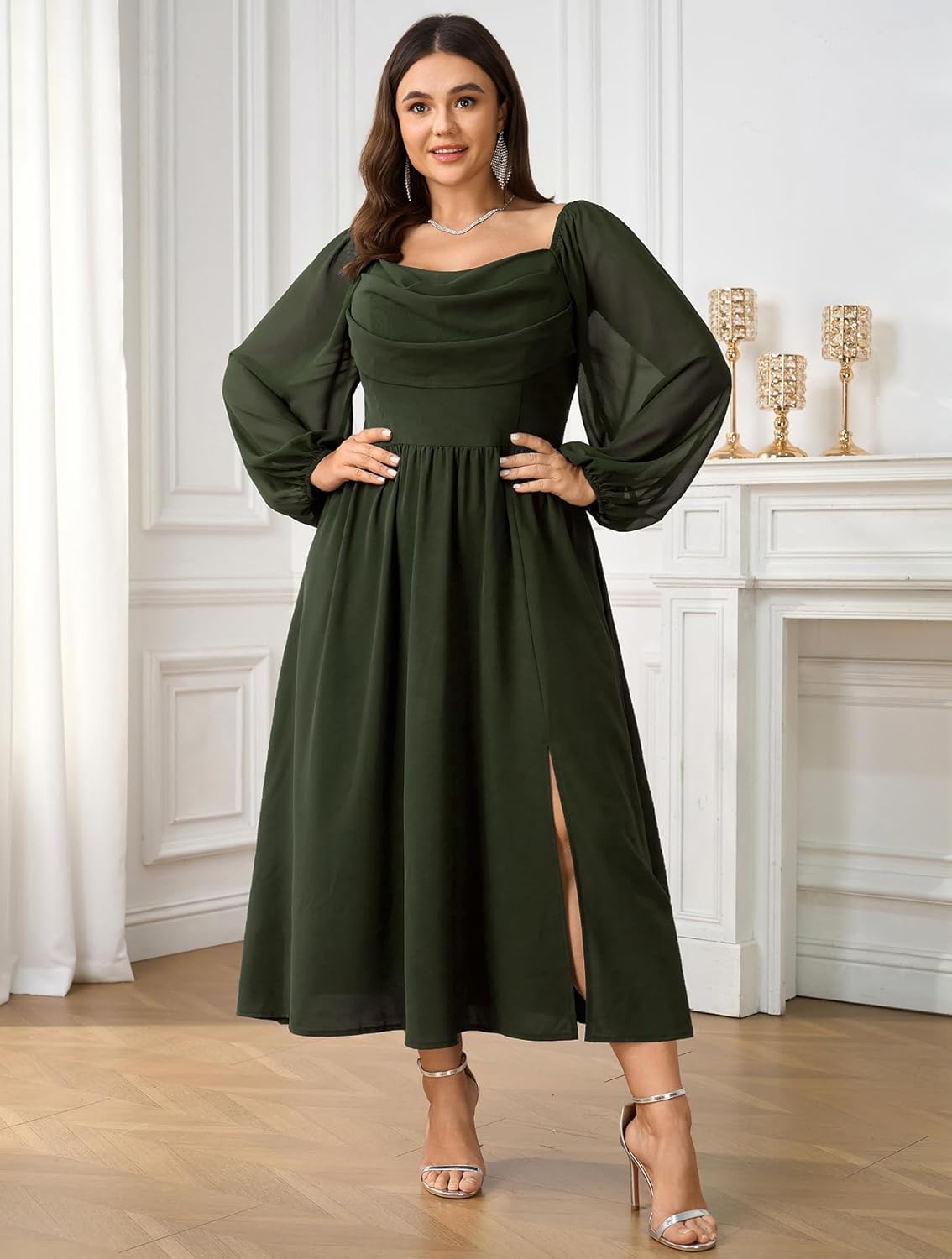 Women's Plus Size Dress Chiffon Long Sleeve Cowl Neck Wedding Guest Cocktail Party Maxi Dress - Image 8