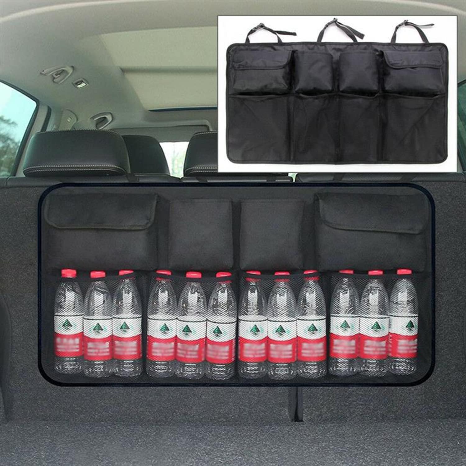 Clothing Trunk Organizer - Super Capacity Car Hanging Bag With 8 Enlarged Pockets, 2 Long Magic Stick, Car Boot Tidy Storage Bag (Black) (Fabric)