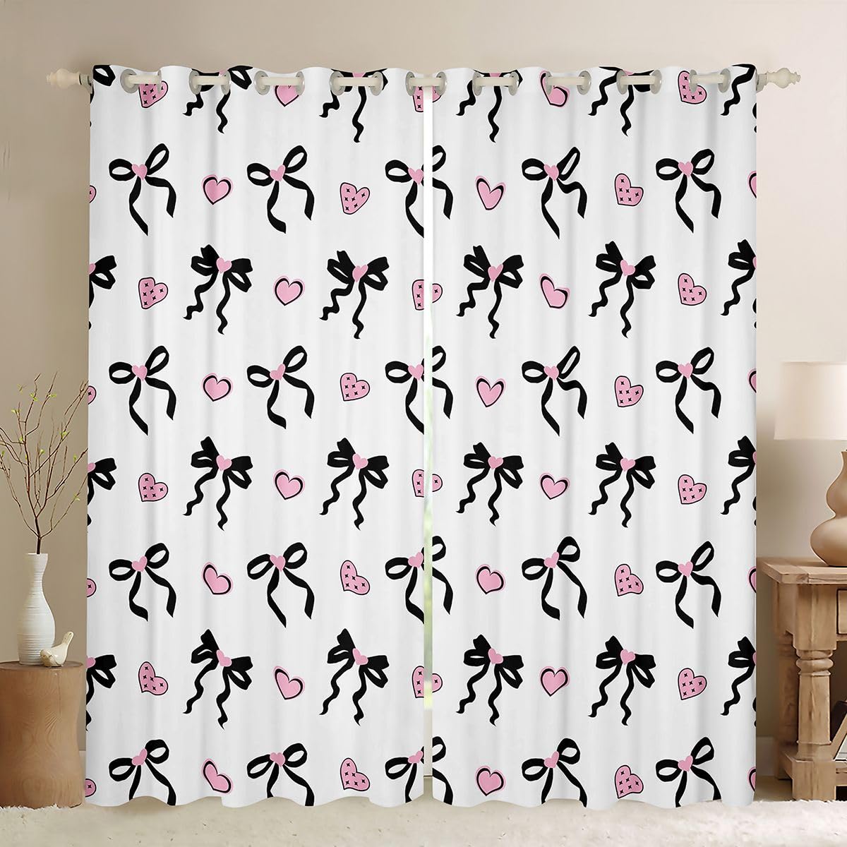 Homewish Kokarda księżniczki czarno-różowe urocze zasłony okienne 168 x 183 cm, 2 zestawy paneli – miłosne serca zasłony zaciemniające kokarda kawaii zasłony okienne marzycielskie do sypialni