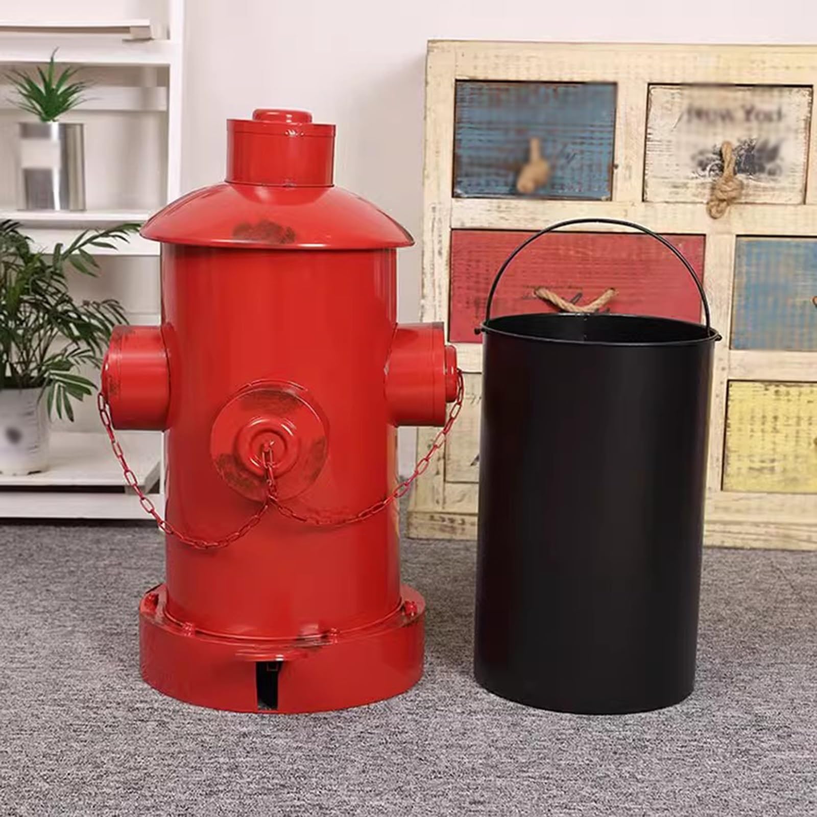 Cubo de Basura Vintage de Hierro Estilo Industrial， Cubo de Basura Grande de Metal con Tapa， Pedal， Tapa Abierta， Boca de Incendios， Modelado， artesanía，A