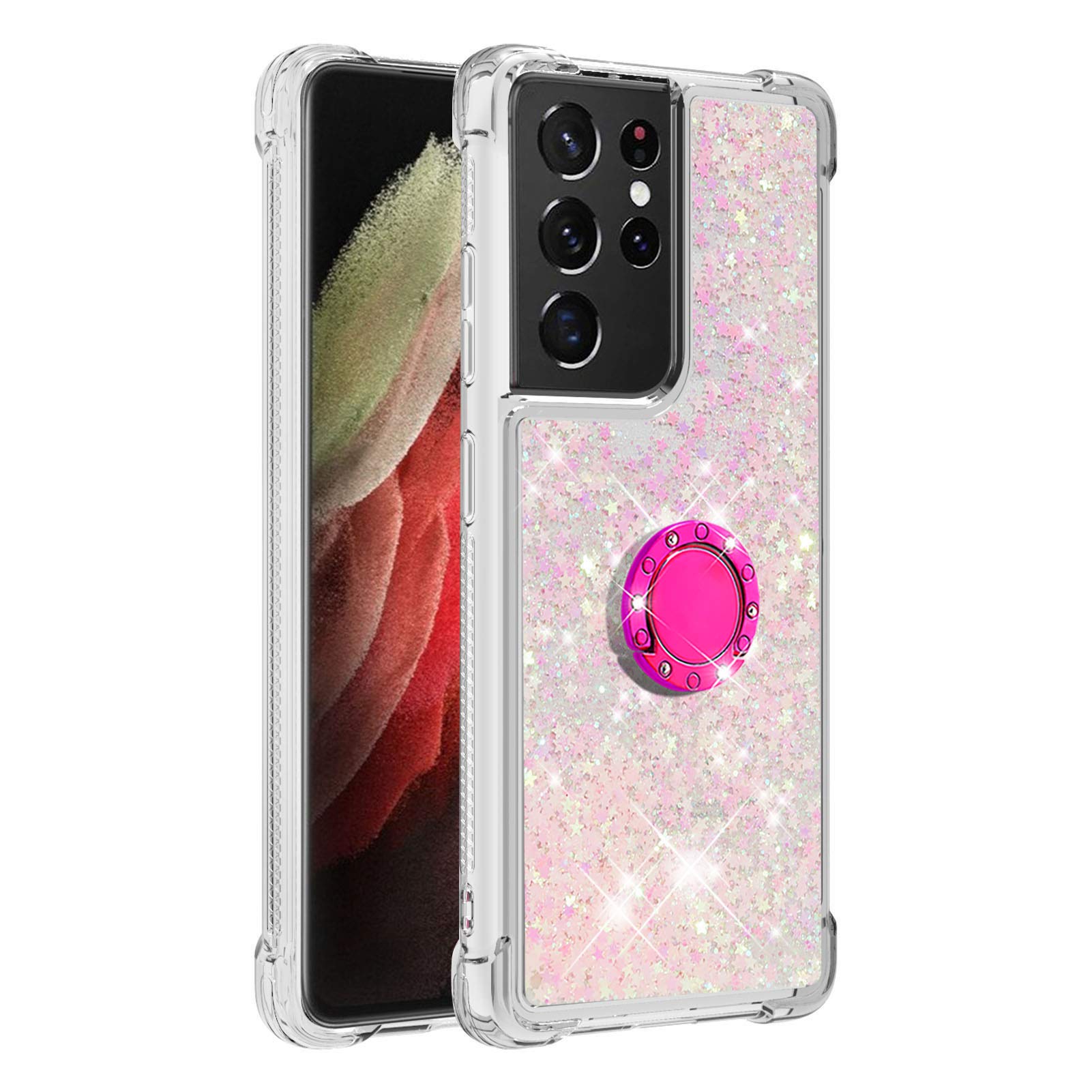 Transparent Liquid Case for Galaxy S21 Ultra 5G with Ring Holder, Silicone Phone Case Glitter Floating Liquid Cover Bumper Case Sparkly Back Case Resistant Compatible with Samsung Galaxy S21 Ultra 5G