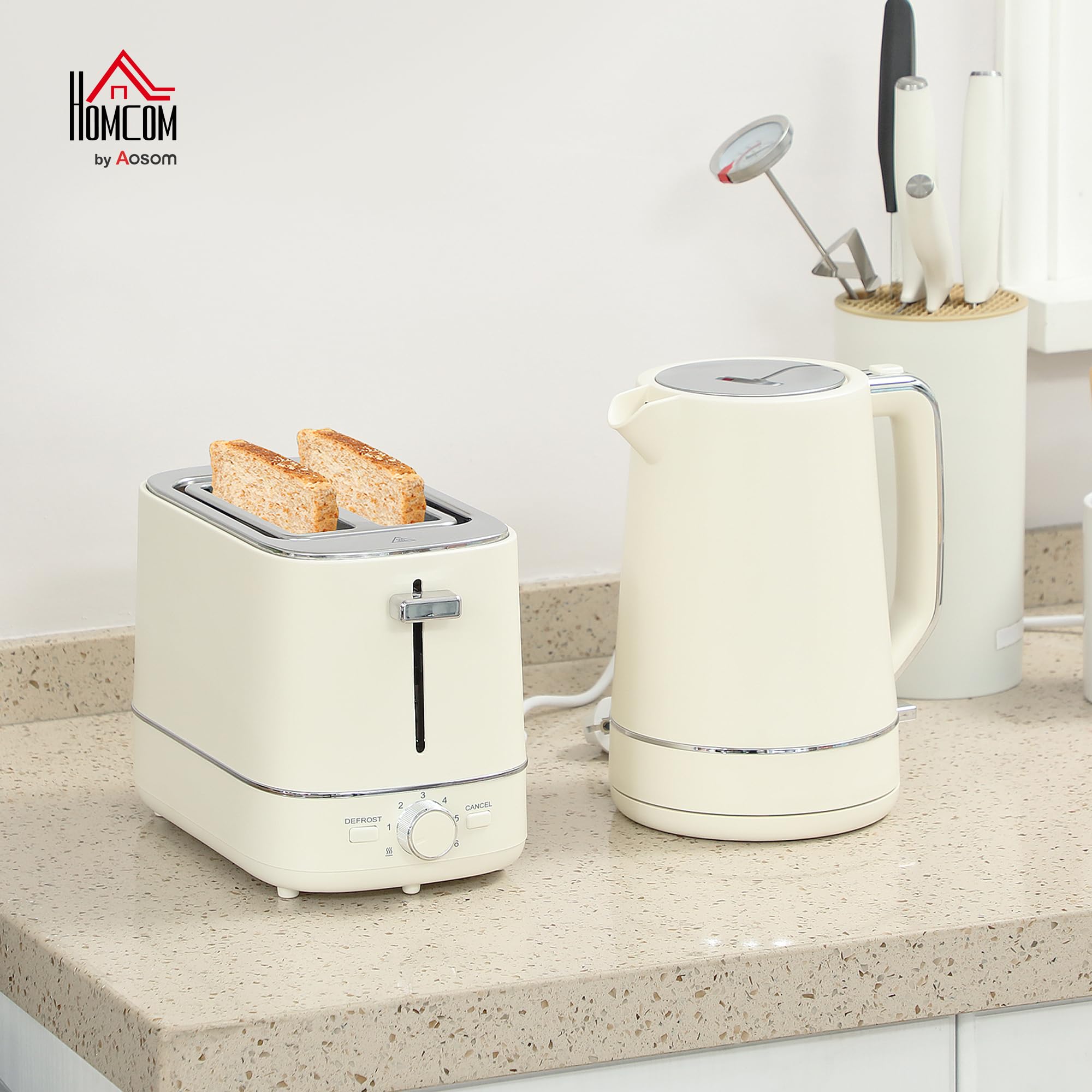 HOMCOM Hervidor Tostador 2200 W 1.7L Hervidor, tostador de 2 discos, 6 niveles de tostado, recalentar y descongelar, set de desayuno con termostato UK Otter, filtro antical y bandeja recogemigas Beige