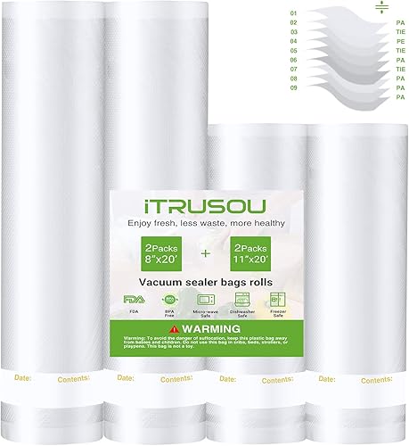 Itrusou Rollos de bolsas selladoras al vacío, 4 paquetes de 8 y 11 pulgadas, sin BPA, de grado comercial, resistente con fecha y contenido, bolsa de