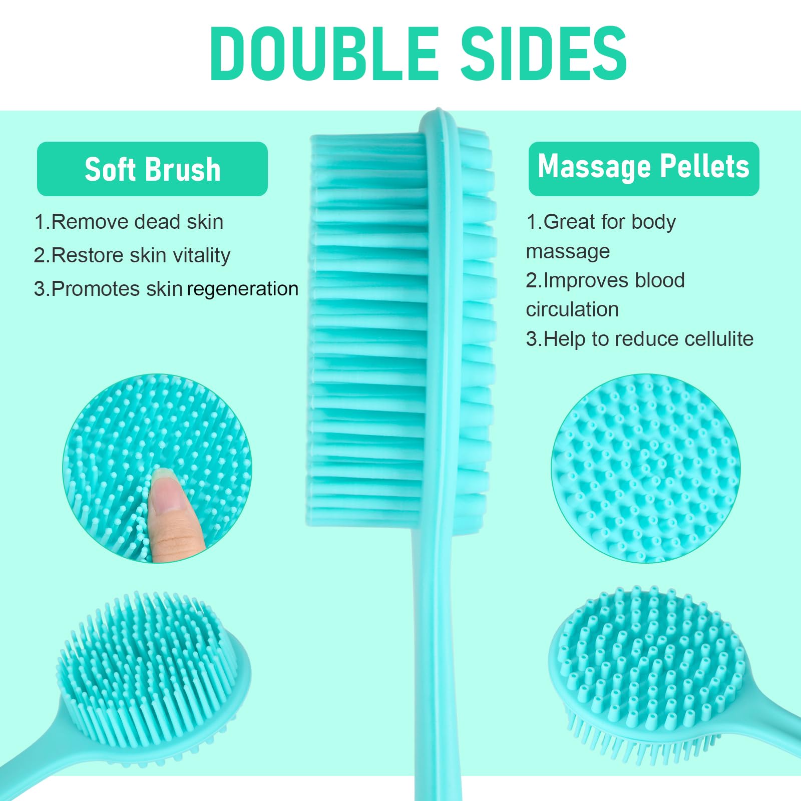 KXF Silicone Back Scrubber 37.5cm Long Handle Double-Sided Shower Body Brush Body Scrubber Bath Wash Brush with Soft Lathering Bristles and Stiff Massage Nodes Gentle Exfoliating Showering Exfoliator - Image 3