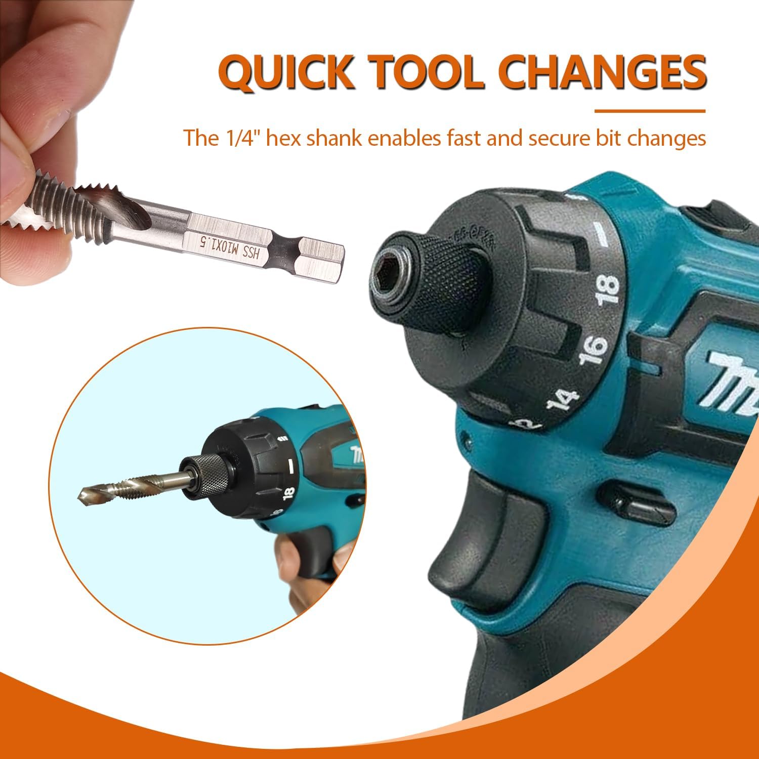 Hymnorq 6-Piece Combination Tap and Drill Bit Set with Dual Twist Flute and 118° Split Point, High-Speed Steel, 1/4" Hex Shank, Ranging from BSW 1/8"-40 to BSW 3/8"-16