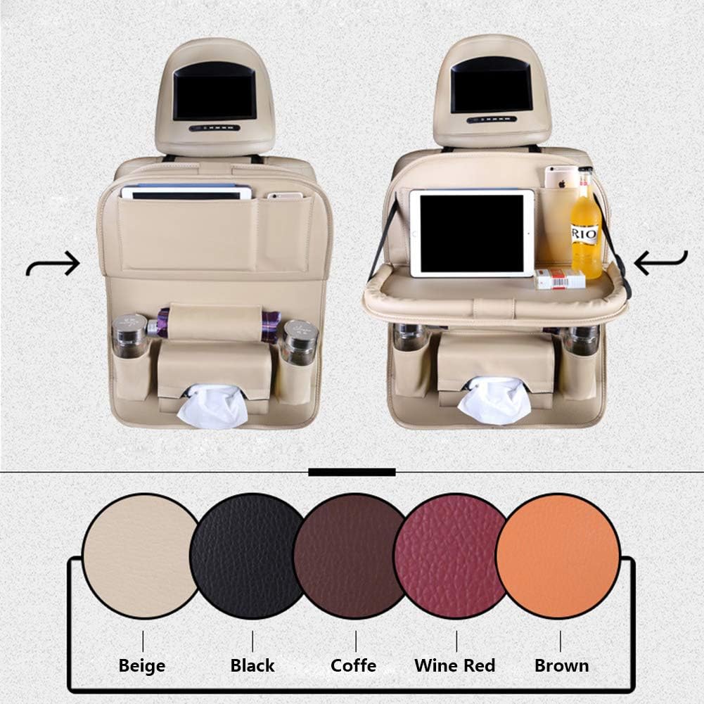Car Seat Back Organizer PU Leather Storage Bag Universal Auto Multi-pocket Backseat Organizer with Foldable Table Tray