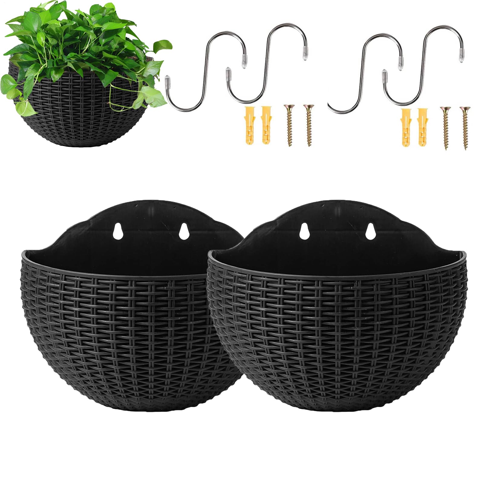 Imitation Rattan Wall Hanging Flower Pot, 2x European Style Semicircle Plant Baskets, Outdoor Garden Hanging Basket with Drainage Hole and 4 Hooks, Self Watering Garden Pots for Balcony Fence Indoor