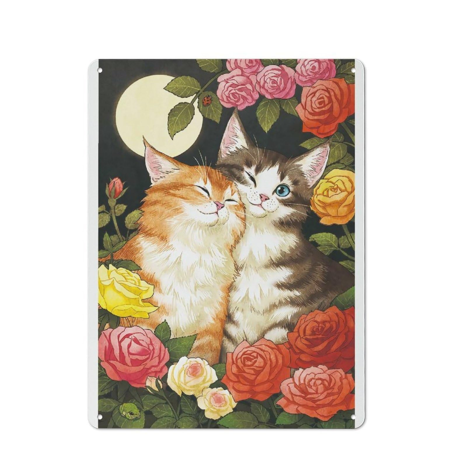 Vintage Metal Plaque 40x30cm Featuring Cats in Love with Roses for Hallway Wall, for Wall Display Collectors