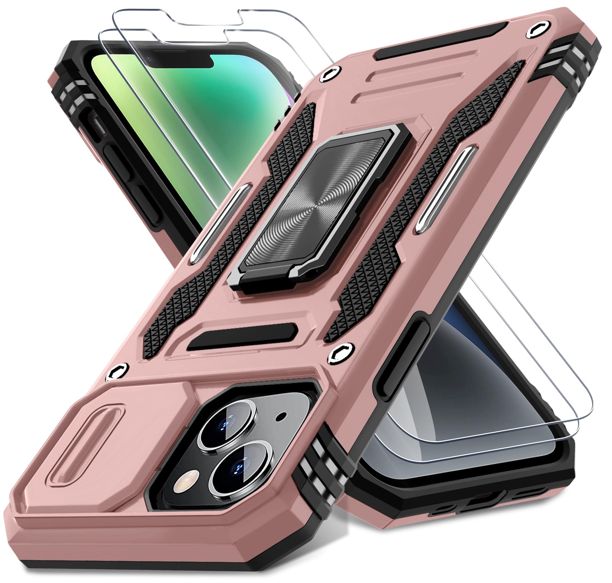 DEERLAMN iPhone 13/iPhone 14 Case 6.1 Inch with Sliding Camera Cover and Screen Protector (2 Packs), Rotating Ring Kickstand Military Grade Shockproof Protective Case for iPhone 13/iPhone 14