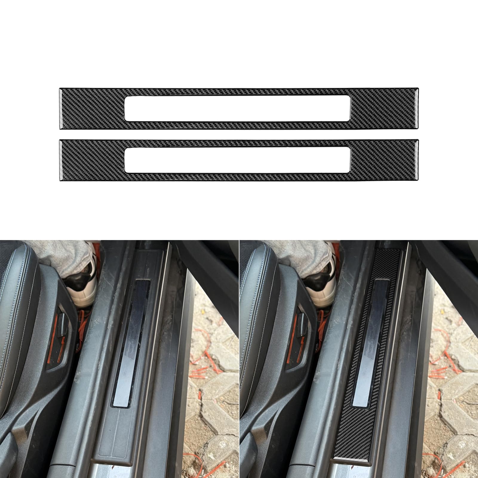 PJFUS Compatible with Ford Mustang S650 2024 2025 Real Black Carbon Fiber Car Inner Door Sill Plate Door Pedal Panel Entry Guard Protector Sticker Auto Interior Accessories