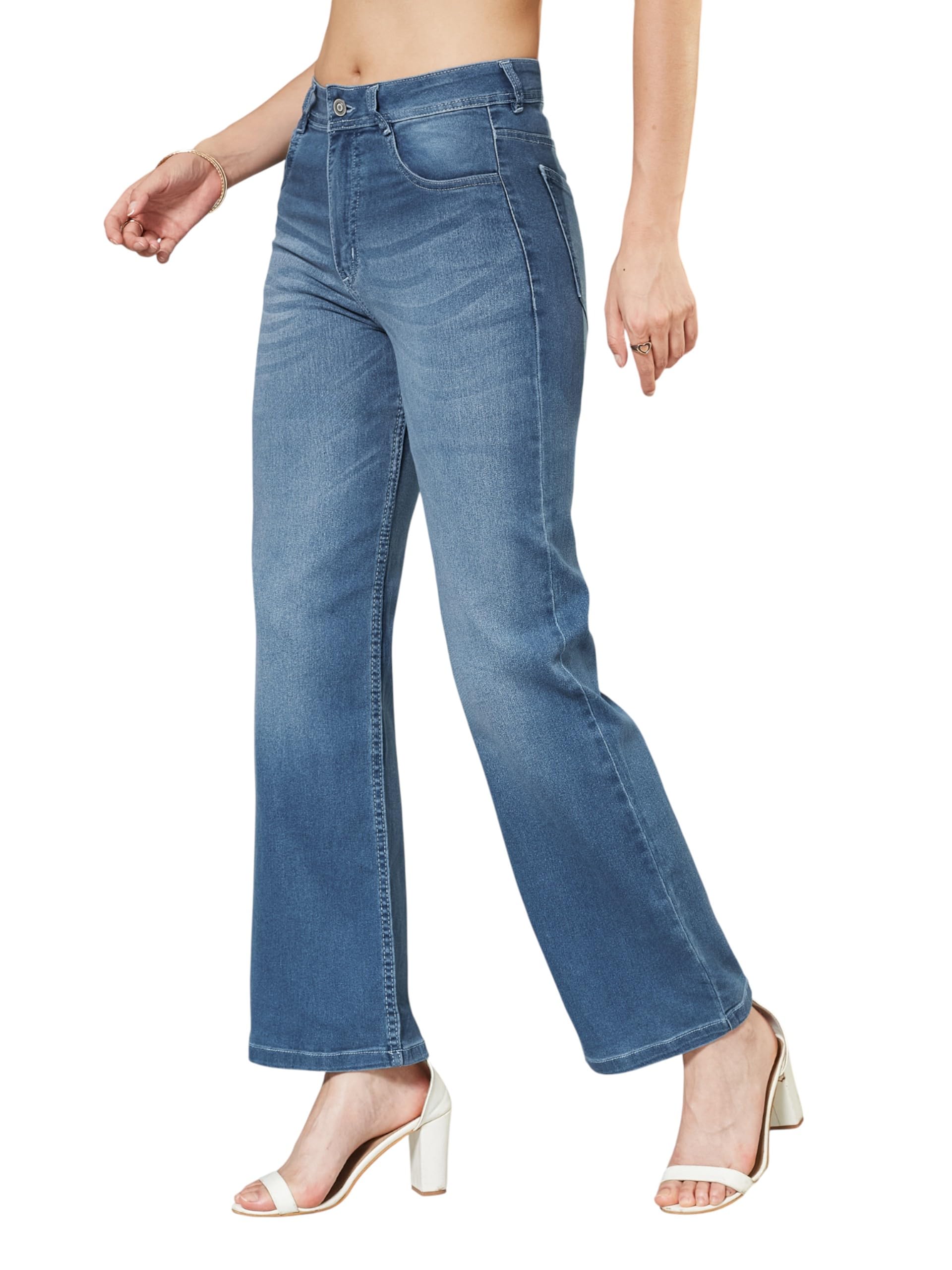 Women's Wide-Leg Mid Rise Regular Length Blast Effect Light Weight Denim Jeans-image-39
