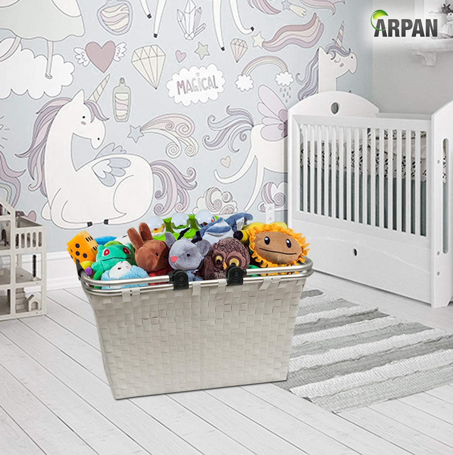 ARPAN Laundry Basket Large White Toy Storage Shopping Hamper Aluminium Frame Collapsible Handles - H27.5 x W47 x D27cm
