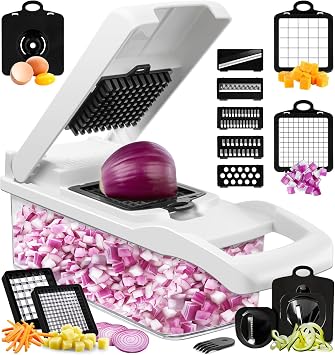 Vegetable Chopper and Slicer 19 in 1 Food Chopper with Container, Onion Chopper Dicer, Vegetable Spiralizer Cutter, Mandolin Slicer, 10 Blades, White