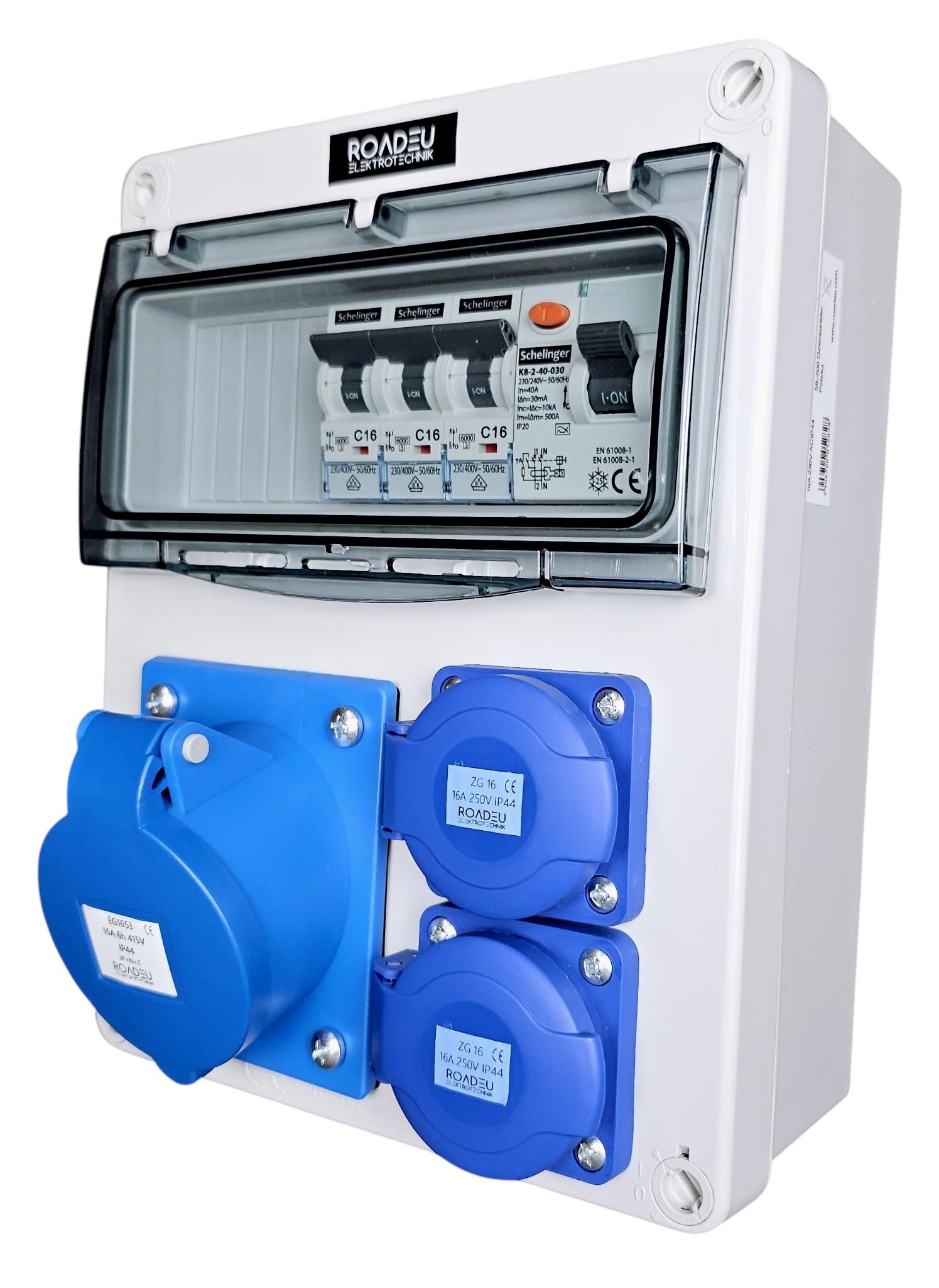RoadEu Stromverteiler 230V IP44 mit FI, CEE 16A 3P und 2x Schuko