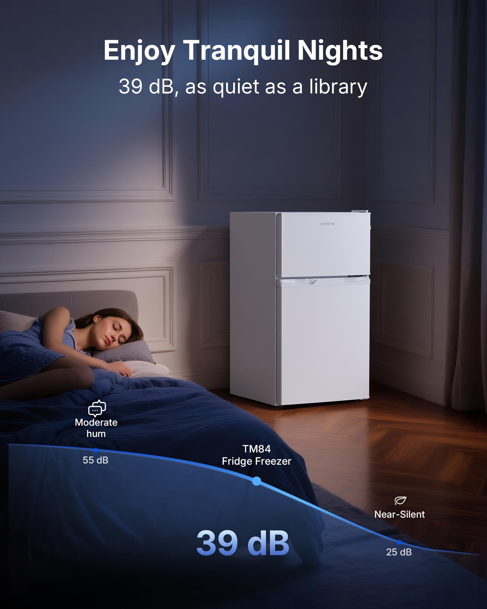 Upstreman 84L Under Counter Fridge Freezer, Small Refrigerator with Freezer, 39dB Quiet & LED Lighting, Freestanding Fridge with Reversible Doors, TM84 White — view 4