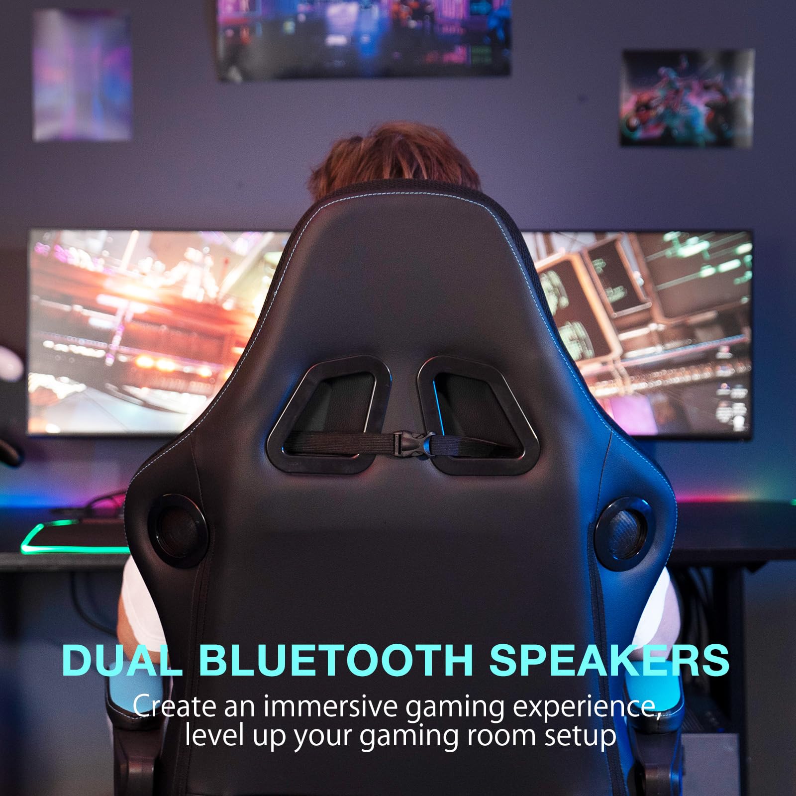 HOFFREE Gaming Chair Massage with Speakers Bluetooth and Footrest Big and Tall Video Game Chair for Heavy People 400lb with Massager for Adults Blue and Black