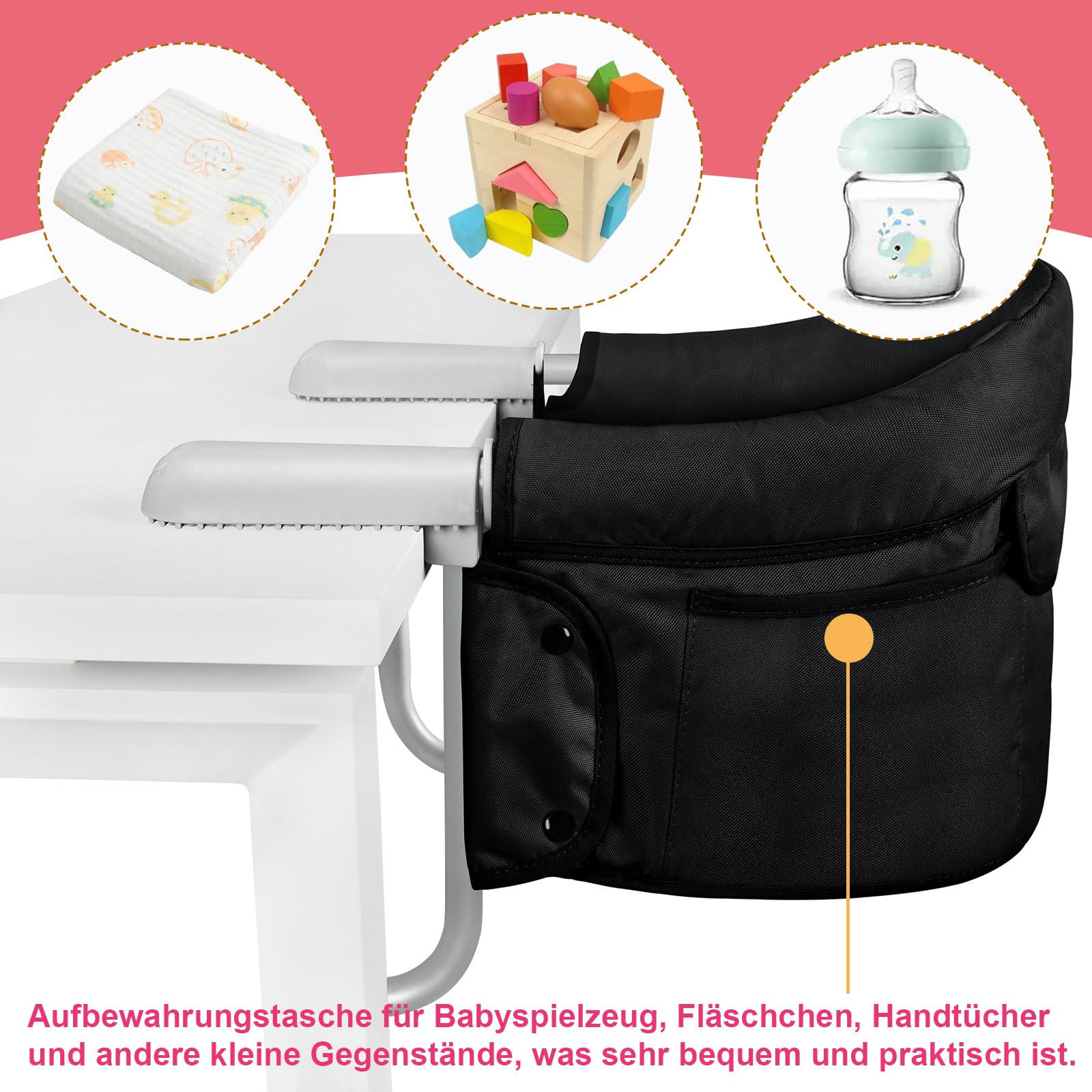 Froadp Faltbar Tischsitze Baby Klappbare Boostersitze Stuhlsitz 6-36 Monate Babystuhl für 2-8cm Dicke Tische Kinder Sitzerhöhung Sitzhilfe Babysitz mit Anti-Rutsch-Klemmen Kapazität 8-15KG (Schwarz)