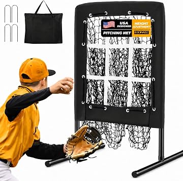 Shopsource Heavy Duty 9 Hole Baseball Pitching Net, Softball Pitching Target with Strike Zone, Portable Adjustable Height Pitcher Training Equipment for Baseball Softball Practice with Carry Bag