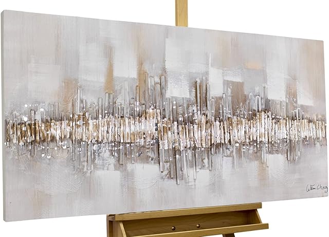 Kunstloft Acrylic painting | 100% HANDPAINTED | 47x24inches | Framed wall art 'City Outline' | Abstract | Grey Beige | Painting on canvas