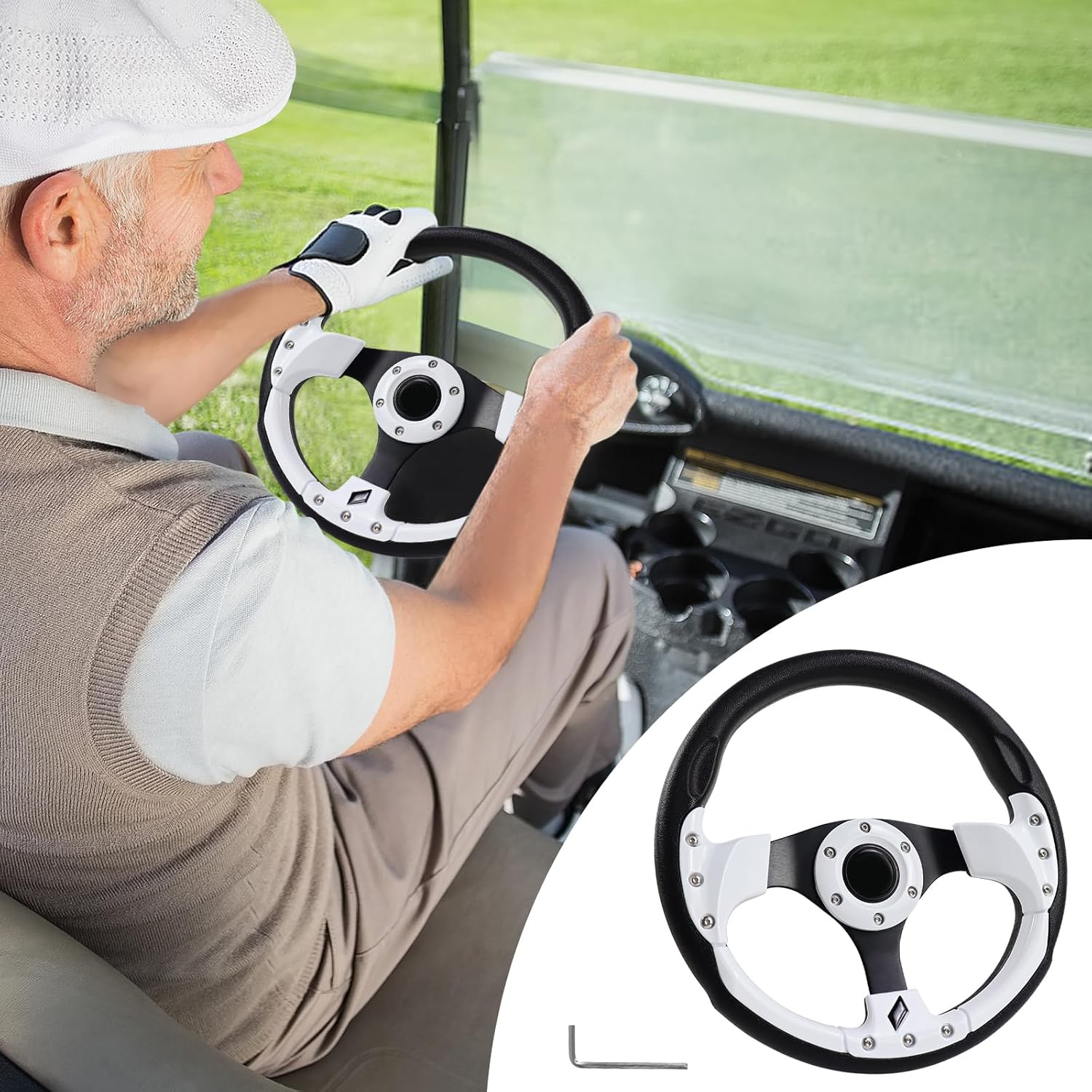 Universal Golf Steering Wheel, 12.5inch Skid Steering Wheel Ergonomic Fit for Club Car DS and Precedent EZGO Yamaha Club Car DS Golf-white