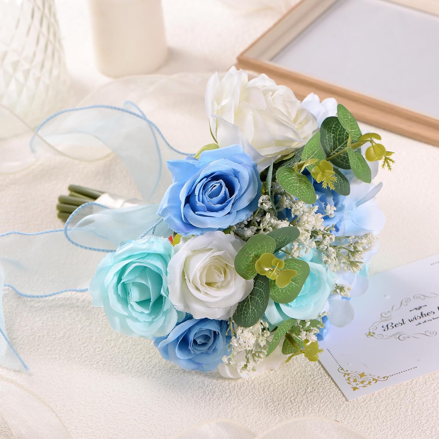 M METERXITY Wedding Bouquets for Bride, Artificial Flower Bouquet for Wedding Bridal Bouquets for Bride/Bridesmaid, Multicolor Bouquets with Silk Ribbon [Blue]