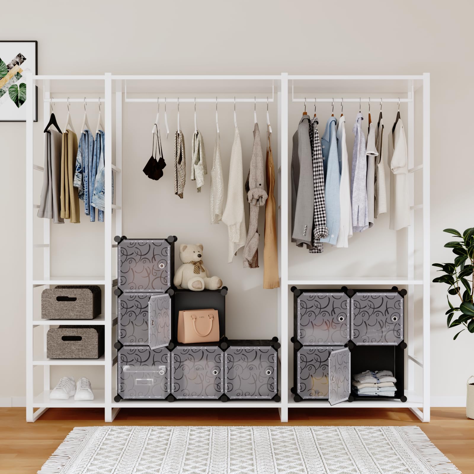 Mondeer Würfelregal, Steckregal, 30x30cm Stapelbar Kunststoff Regalsystem mit Tür, für Kleidung Schuhe Spielzeug Bücher, für Schlafzimmer Büro Wohnzimmer, 12 Fächer Schwarz und Weiß, 94x125x32cm