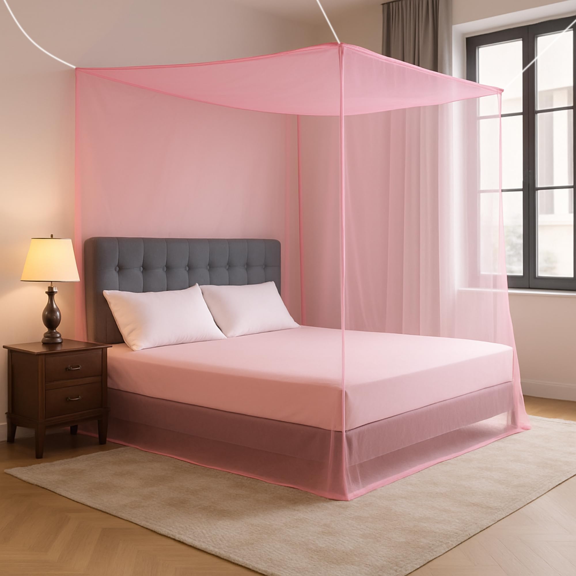 Classic Mosquito Net for Double Bed | Traditional Foldable Machardani | Polyester Mesh | Strong & Breathable | 7 x 7 ft | Easy Setup, Lightweight, Portable & Ideal for Everyday Usage - Full Pink-image-13